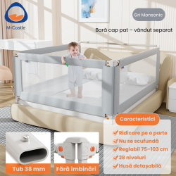 Barieră de protecție pentru pat cu mecanism rabatabil, gri